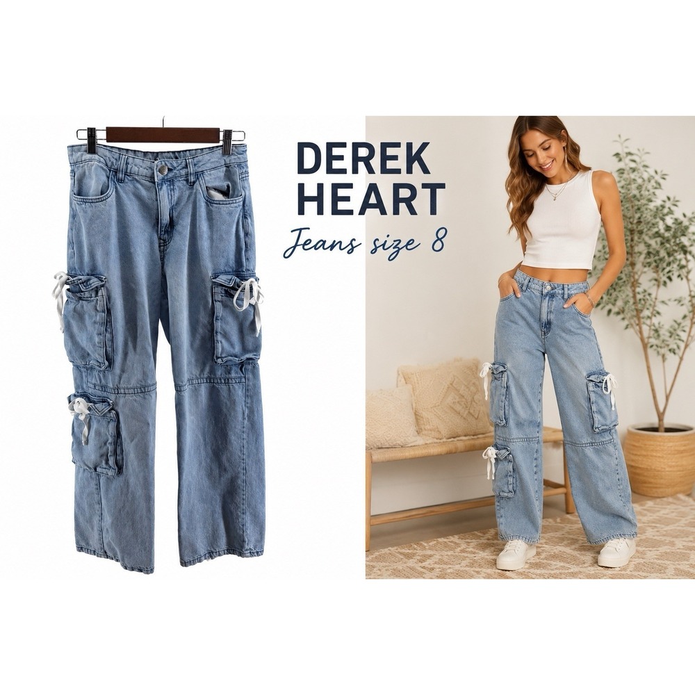 Derek Heart Cargo Jeans Women's Approx Size 8 Wide Leg Light Wash Tie Pocket
